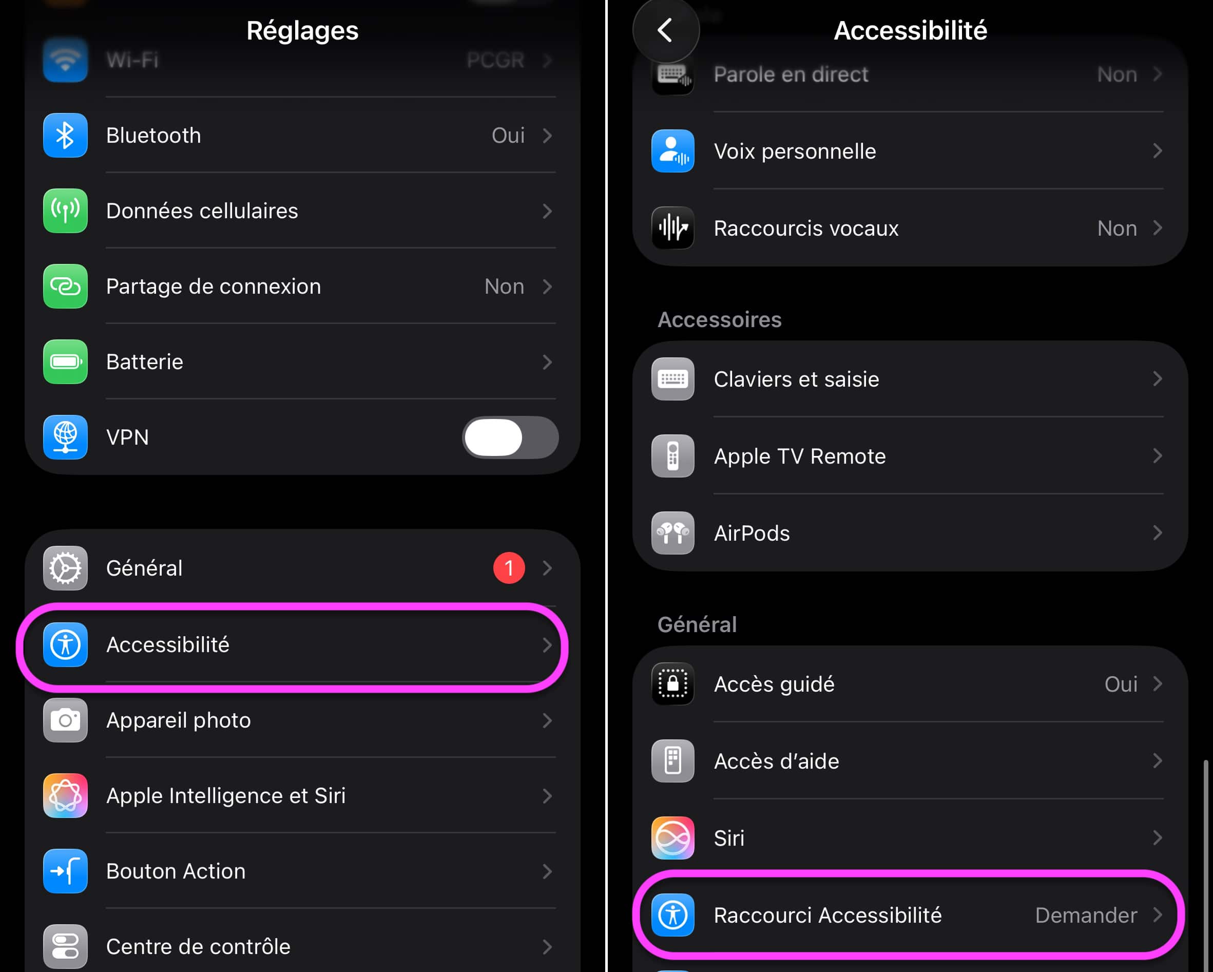 Raccourci Accessibilité