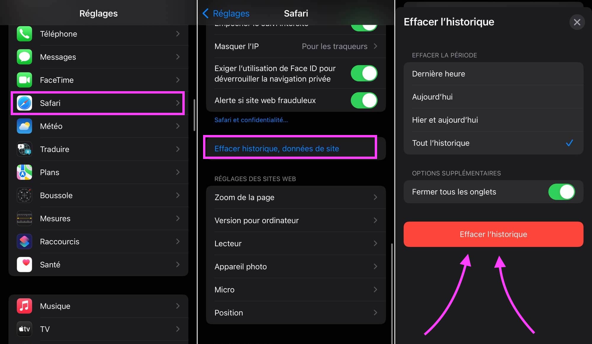 Supprimer historique Safari