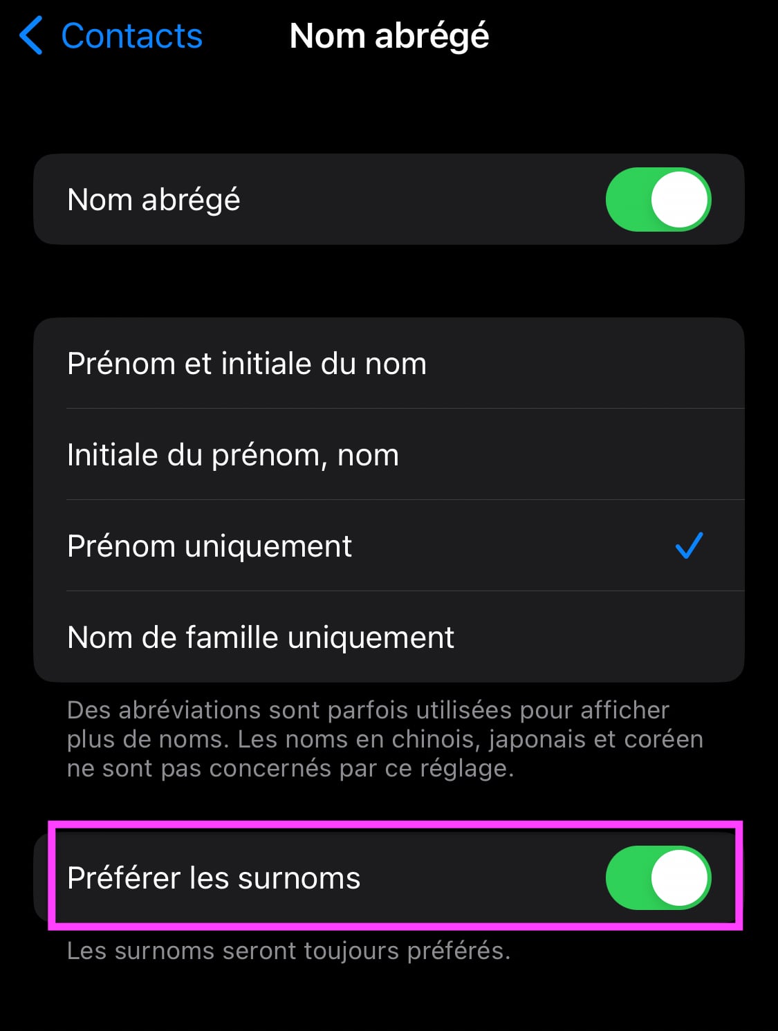 Préférer surnoms contacts