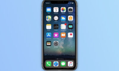 iPhone de face avec Face ID et fond bleu