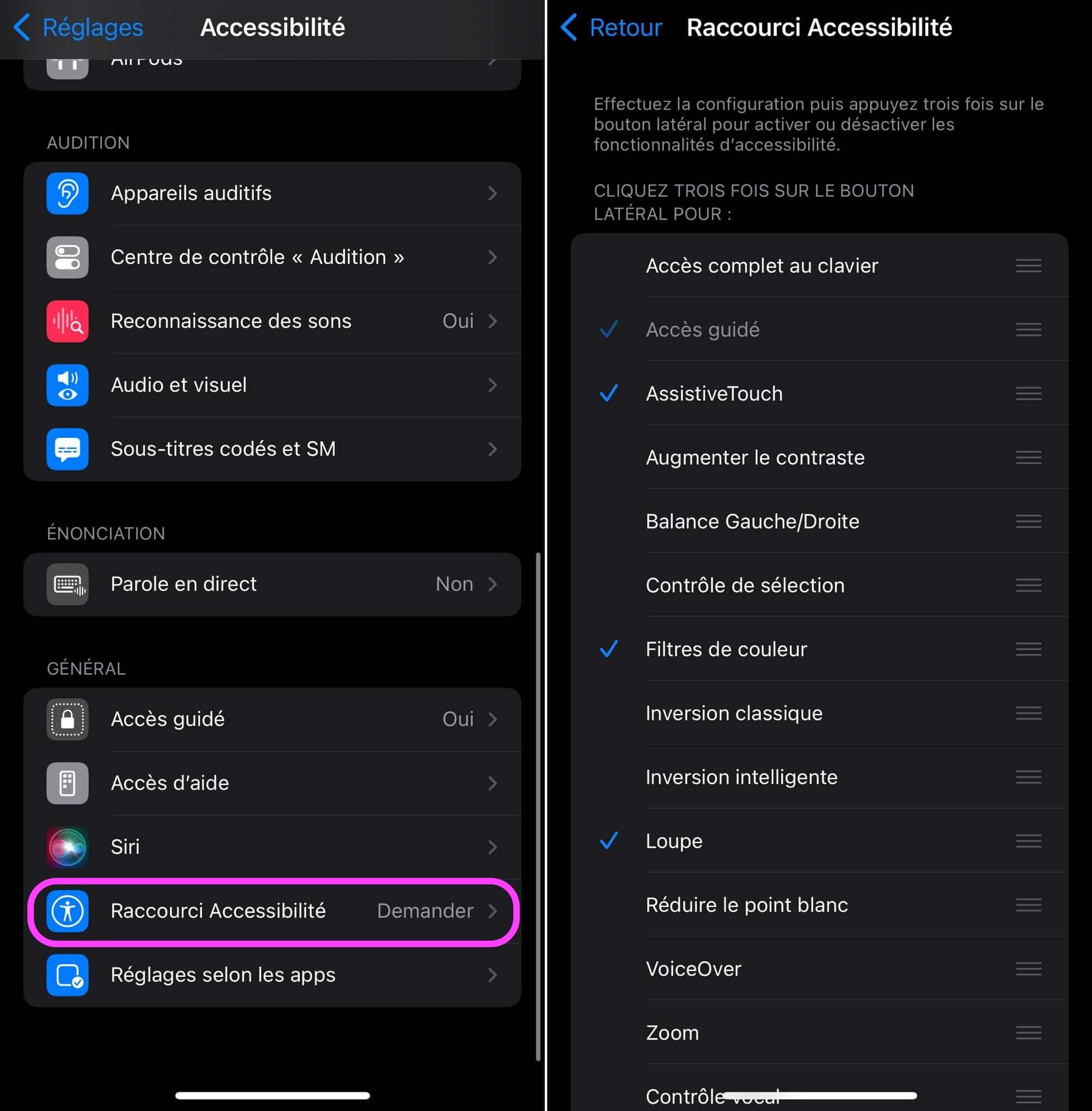 Choix raccourci accessibilité