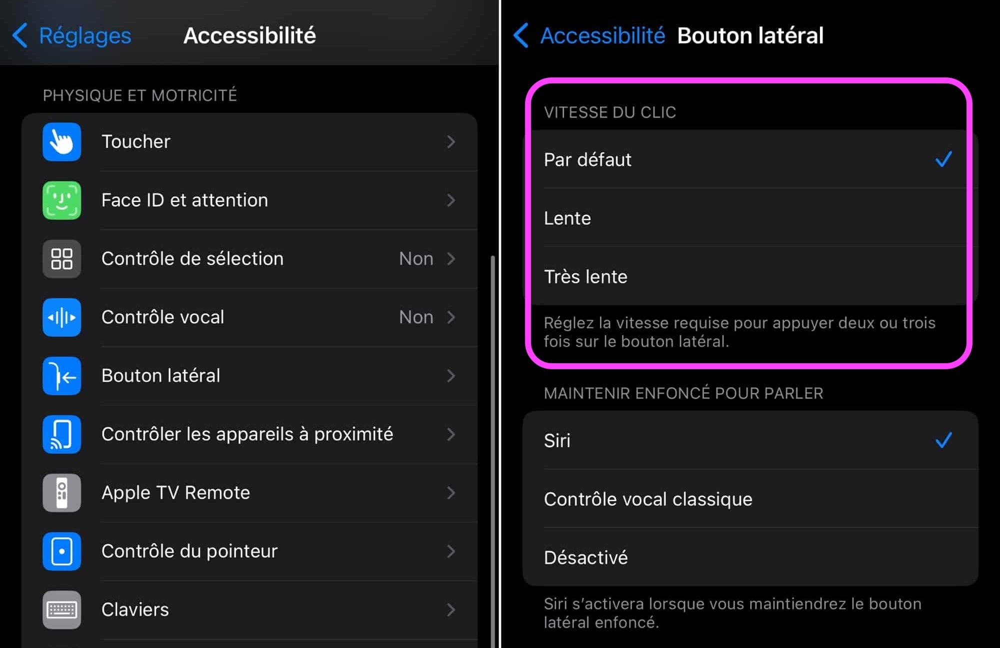 Réglages raccourci accessibilité