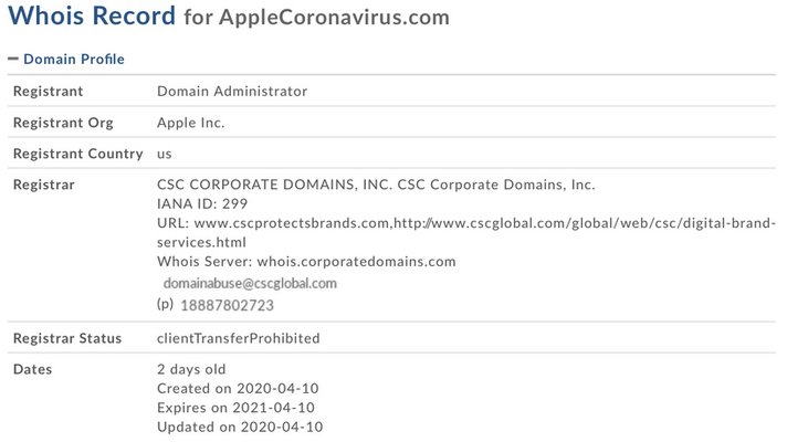 Apple coronavirus nom de domaine