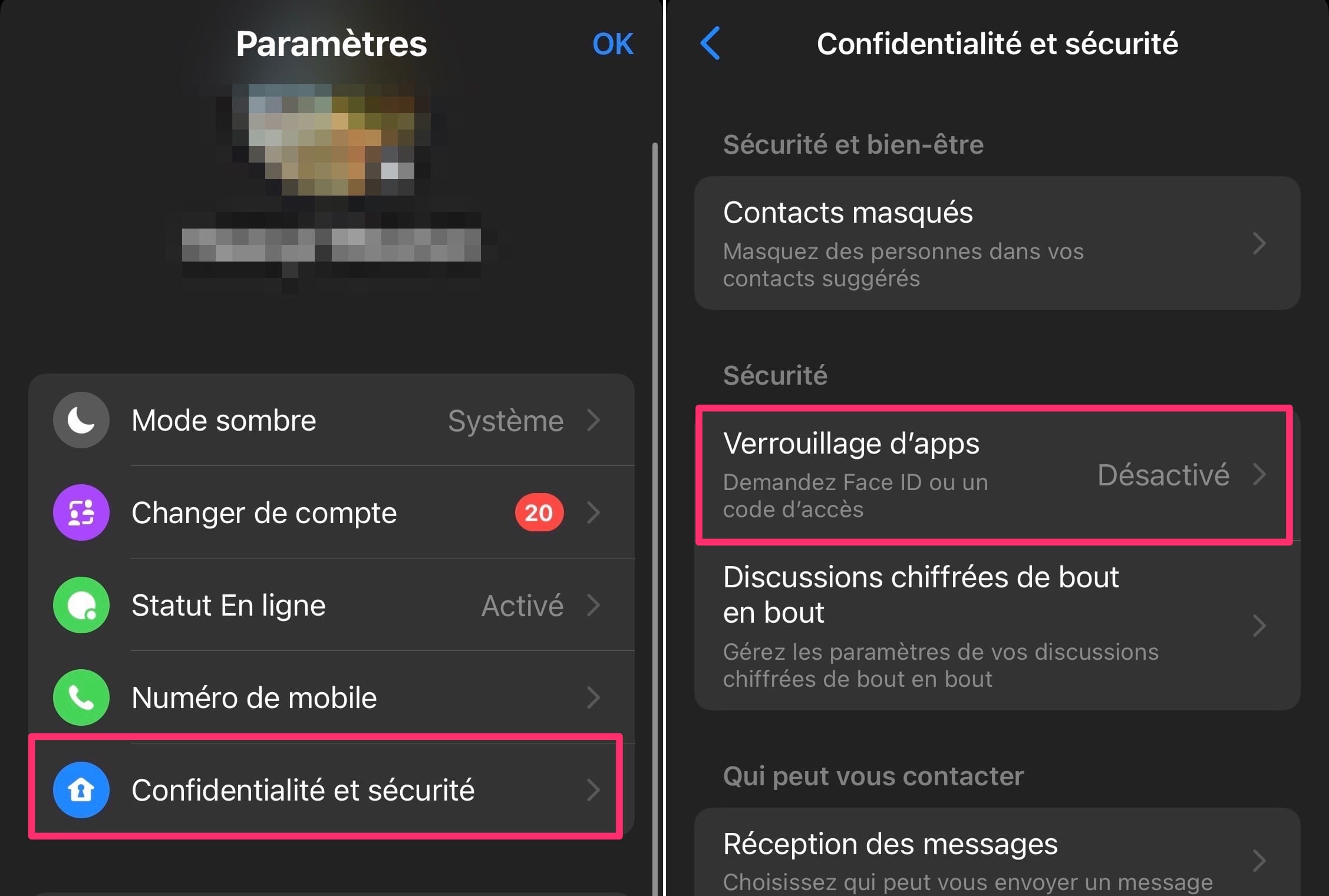 Application Meta Messenger réglages confidentialité