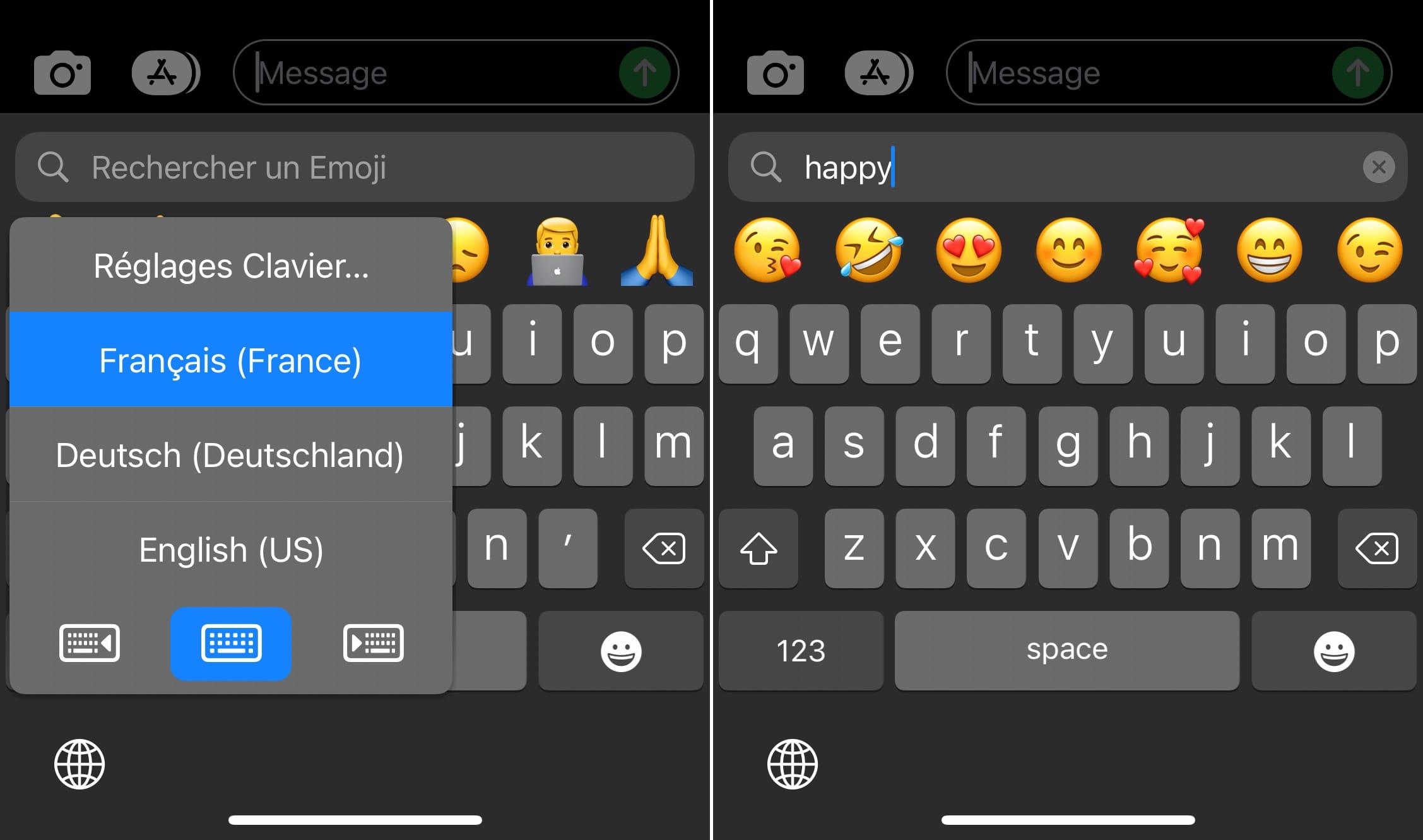 iOS screen showing language change for emoji search