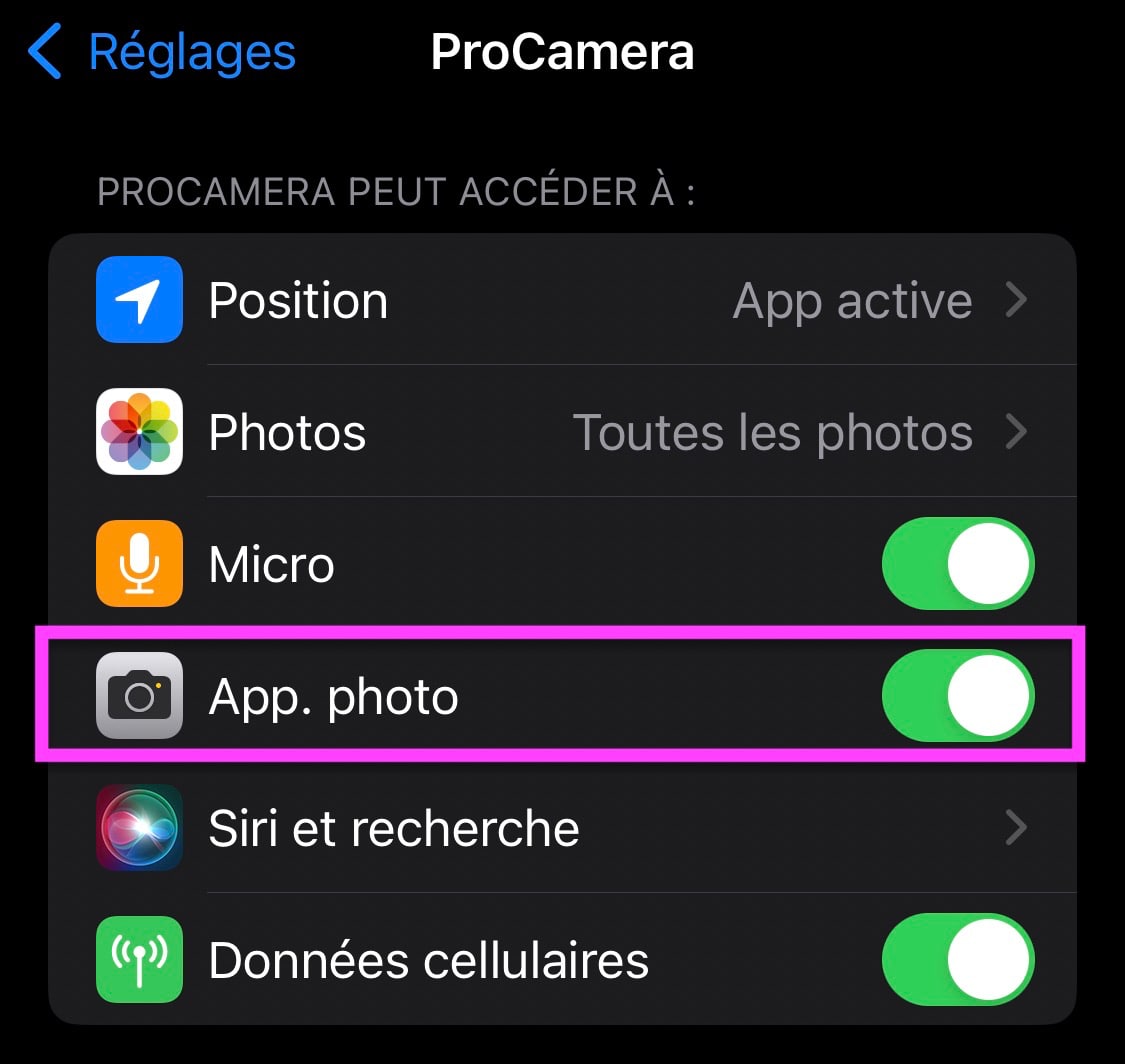 Application ProCamera et accès appareil photo