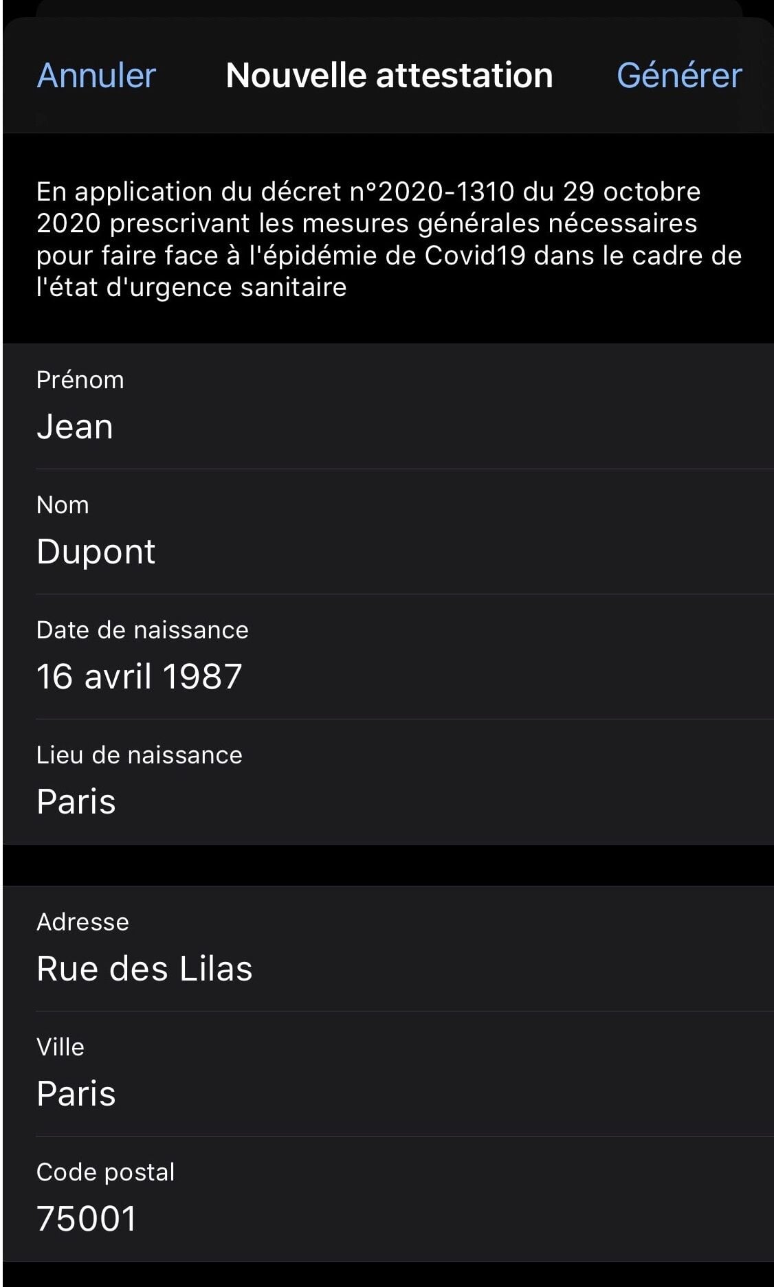 Attestation couvre feu