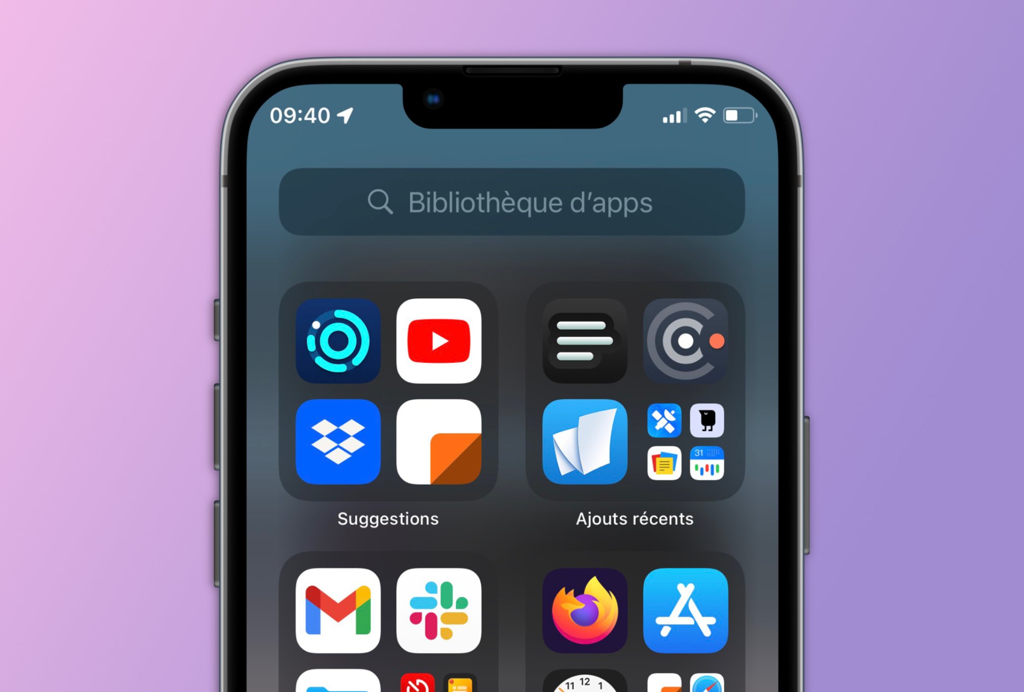 Écran d'iPhone avec applications dans la bibliothèque d'apps