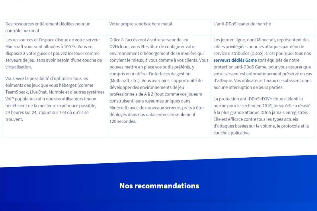 Caractéristiques OVH pour Minecraft