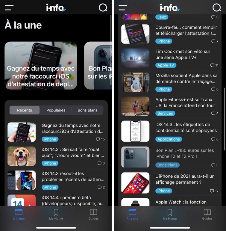 Nouvelle app, A La Une