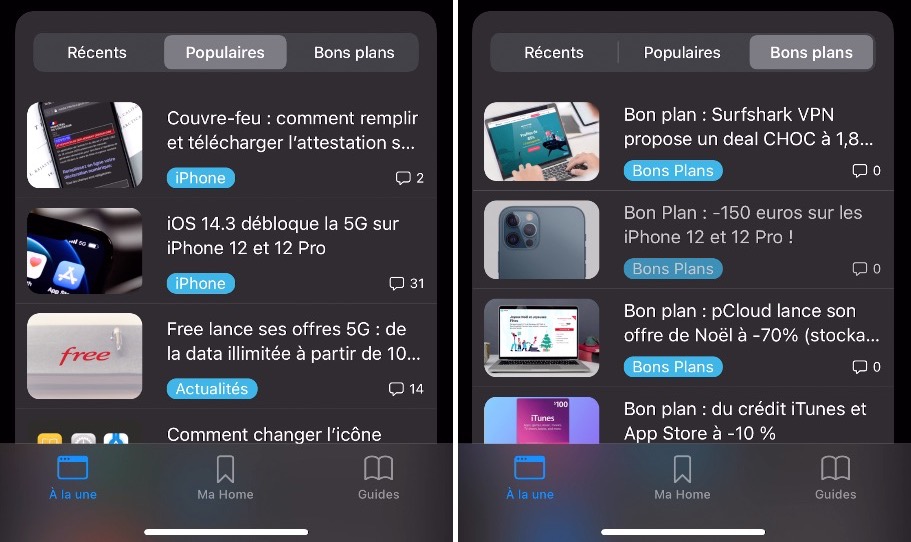 Nouvelle app articles populaires et bons plans