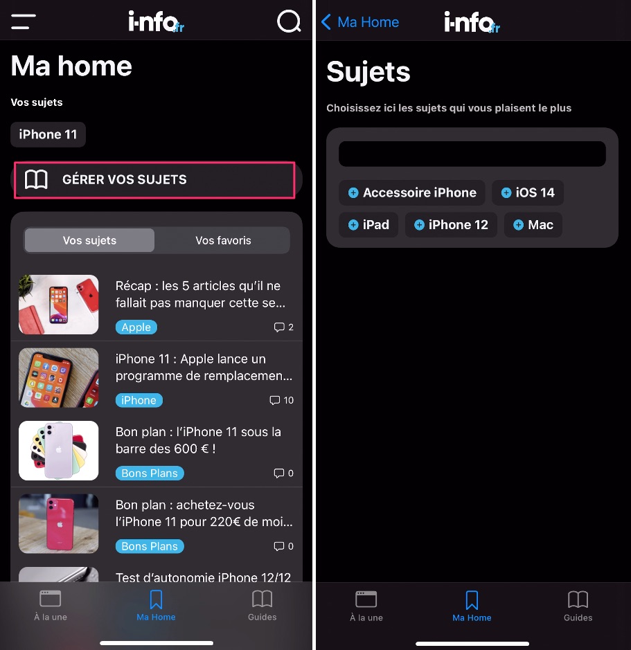 Nouvelle app, sujets favoris