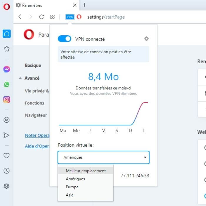 Choix de localisation Opera VPN