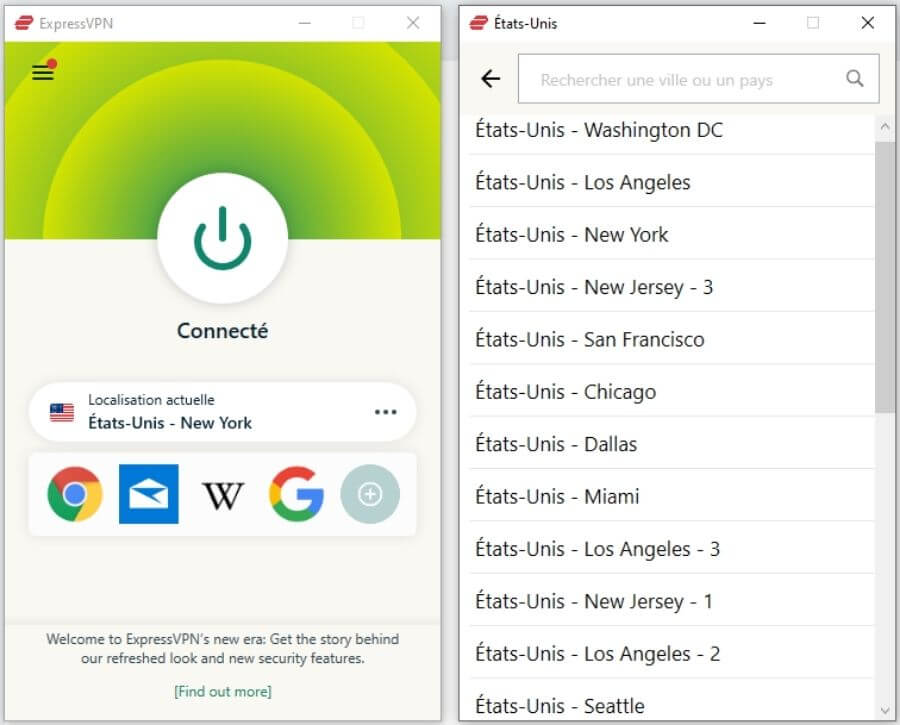 Choix de localisations aux USA avec ExpressVPN