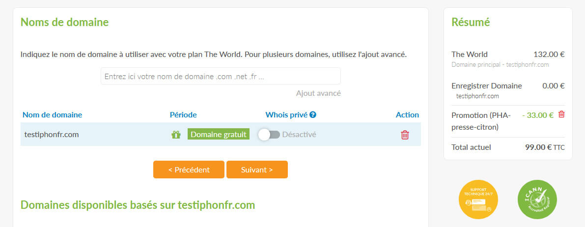 Choix nom de domaine offert PlanetHoster