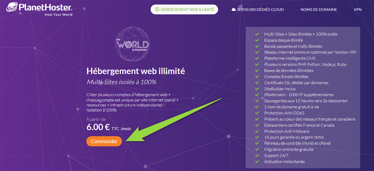 Commander hébergement web PlanetHoster