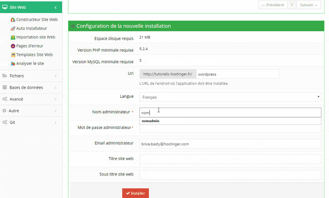 Configuration hébergement WordPress Hostinger