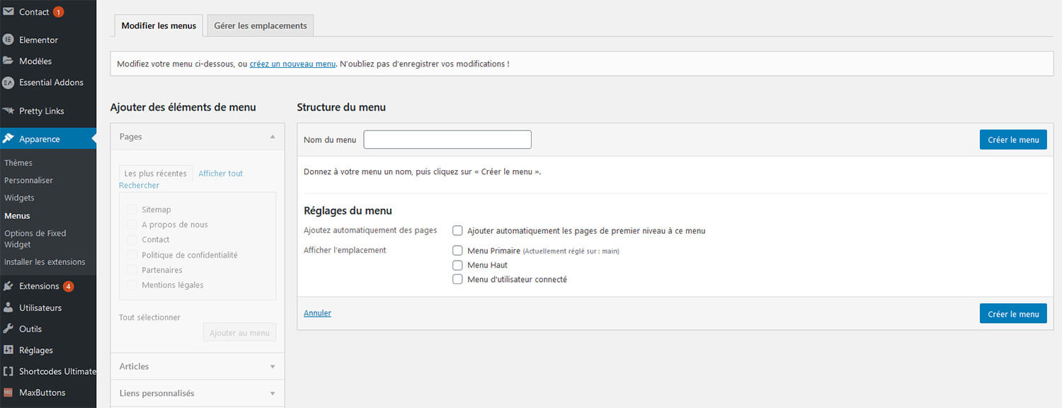 Création menu site WordPress