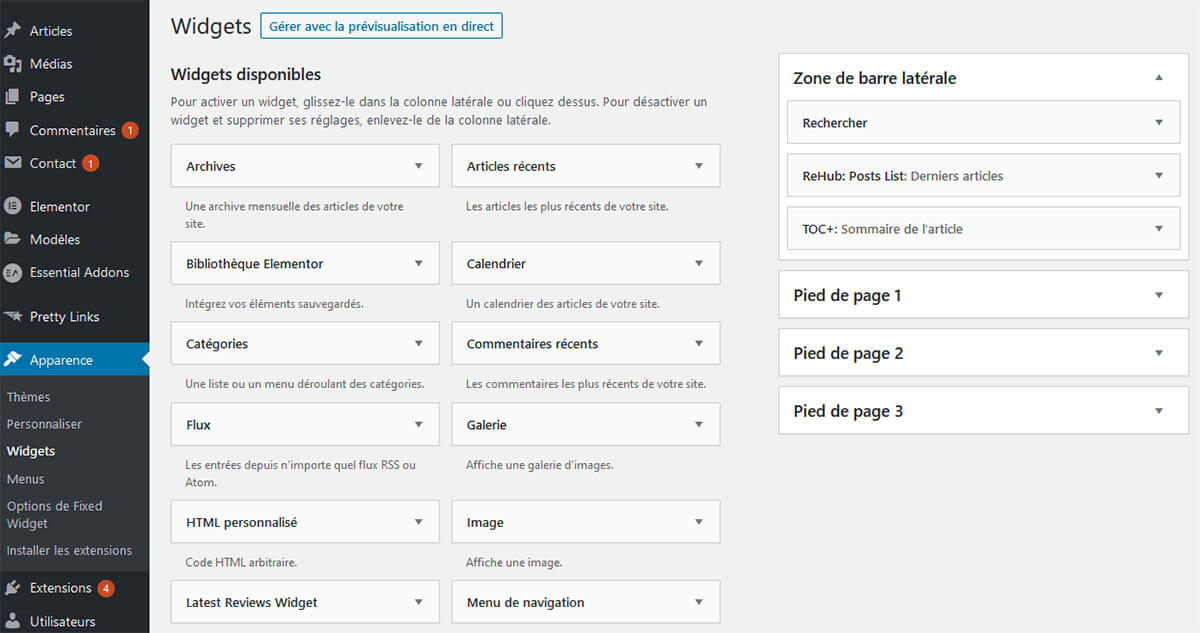 Gestion widgets WordPress