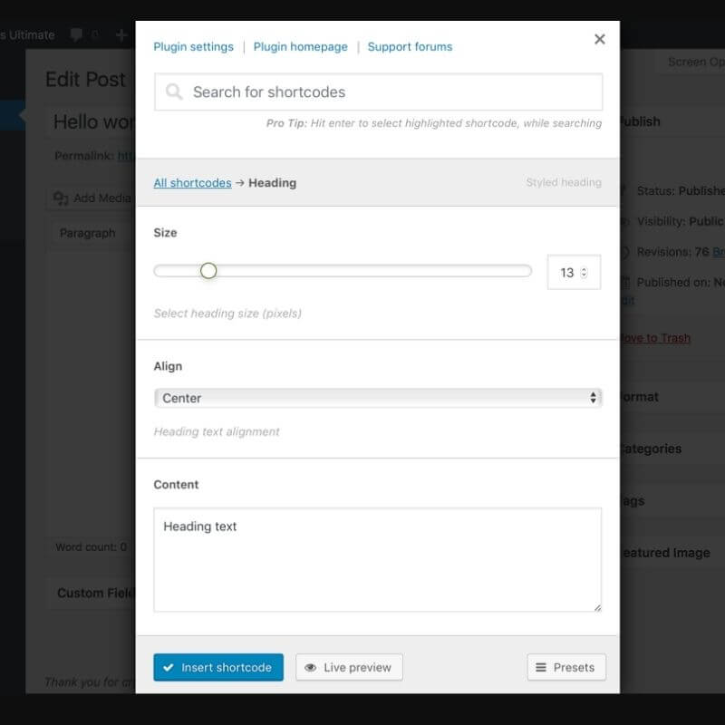 Interface Shortcode Ultimate sur WordPress