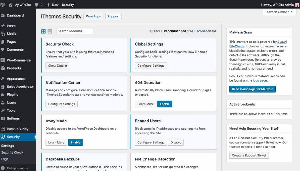 Interface iThemes Security sur WordPress