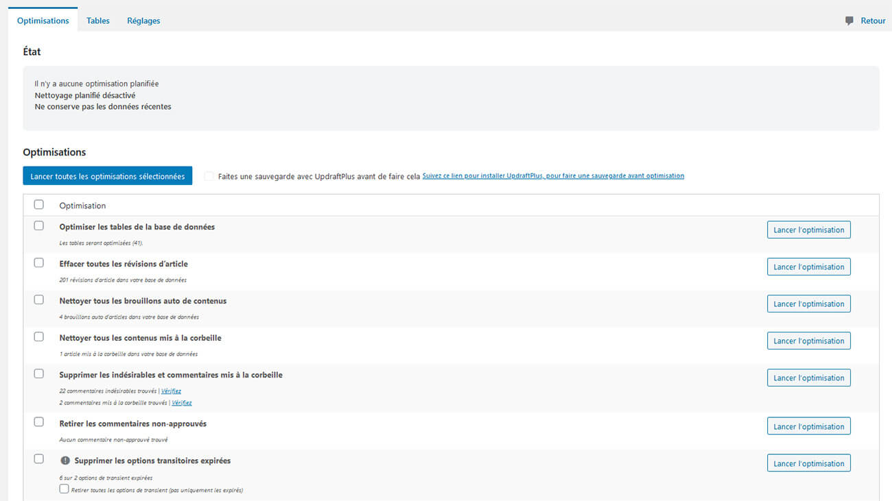 Optimisation base de données WP-Optimize