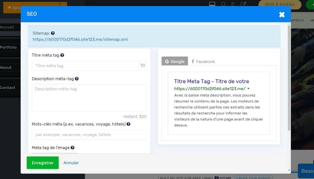 Paramètres SEO des pages avec Site123