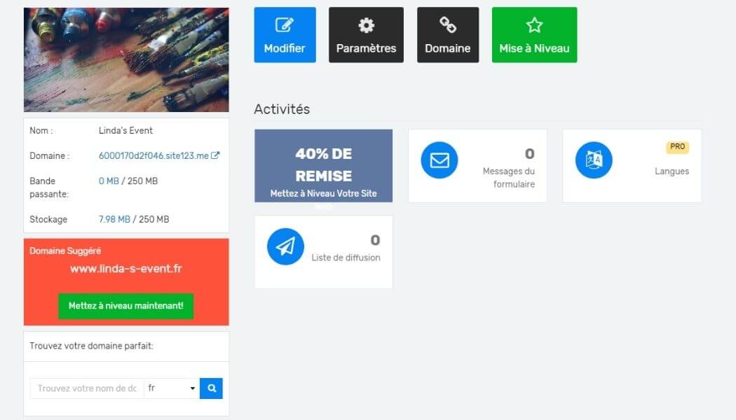Tableau de bord Site123