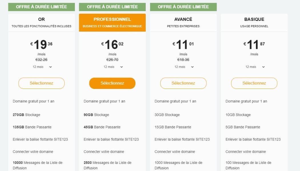 Tarifs Site123