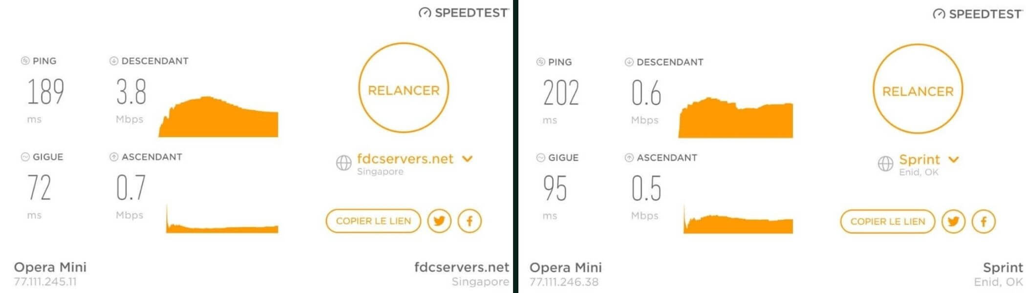 Tests de vitesse serveurs distants Opera VPN