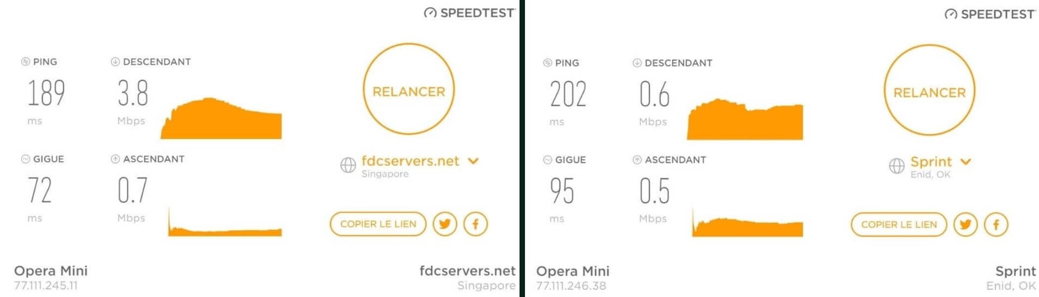 Tests de vitesse serveurs distants Opera VPN