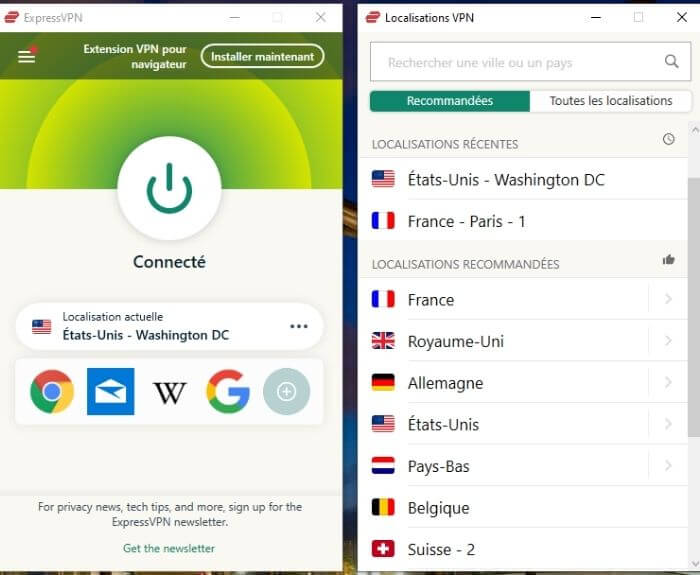 Choix de localisations avec ExpressVPN
