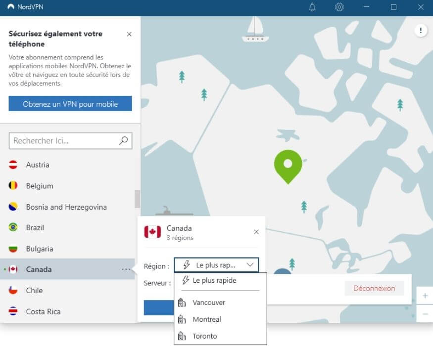 Connexion au Canada avec NordVPN