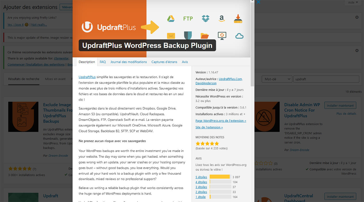 Sauvegarde site Internet UpdraftPlus
