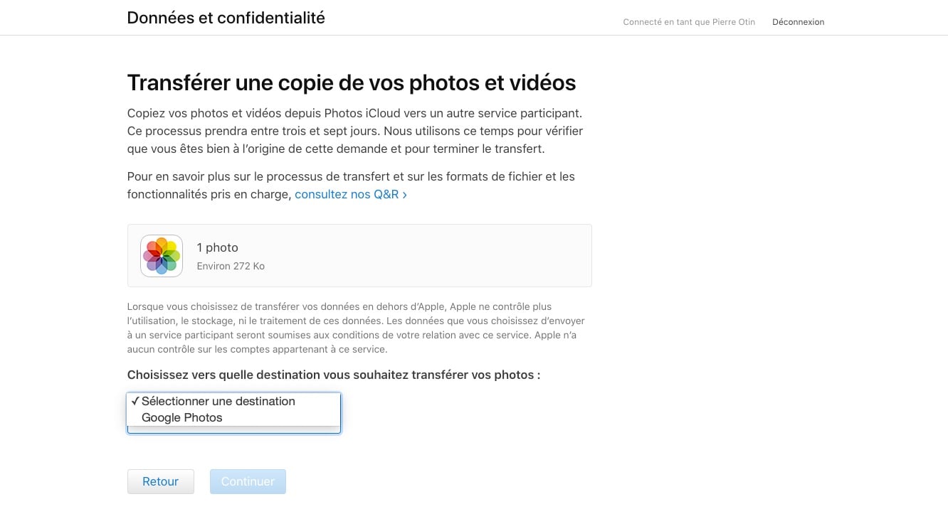 Transfert photos iCloud choix Google Photos