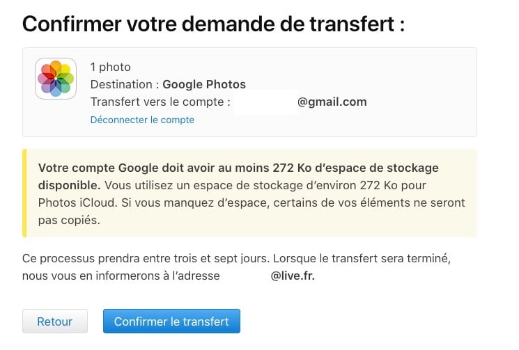 Transfert photos et vidéos iCloud confirmation
