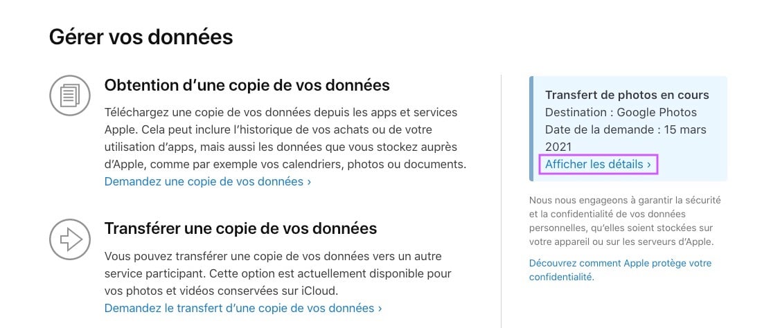 Transfert photos et vidéos iCloud suivi