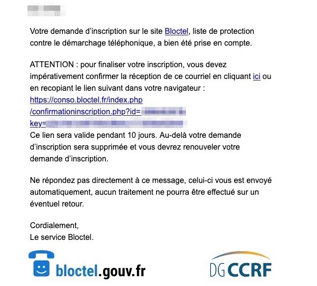Bloctel mail confirmation