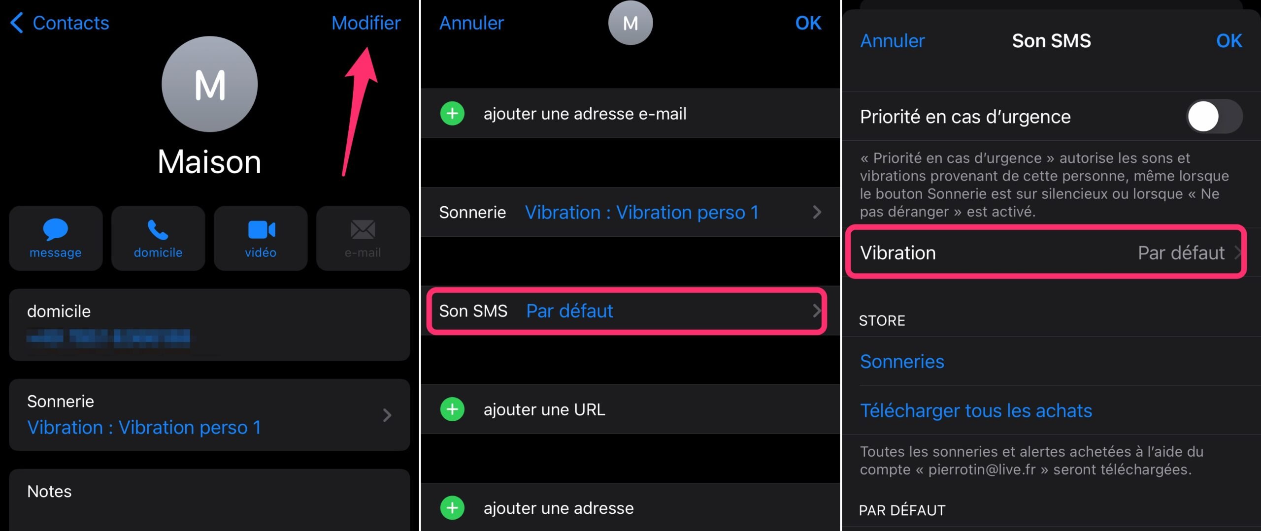 iOS screen custom vibration setting SMS