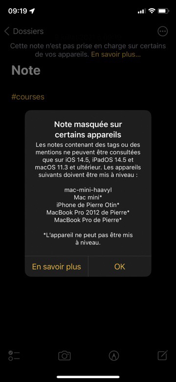 avertissement Apple Notes et tags