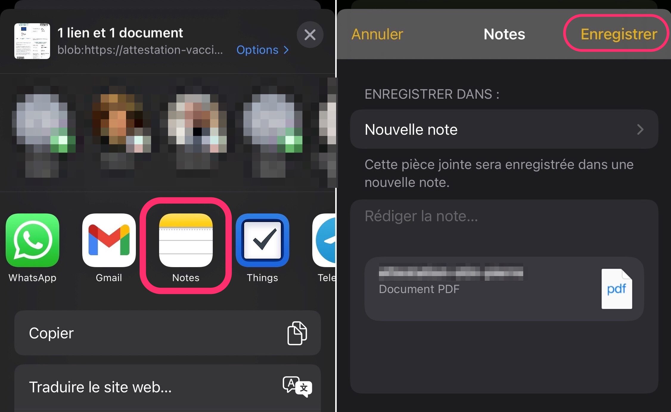 Pass sanitaire partager PDF Apple Notes
