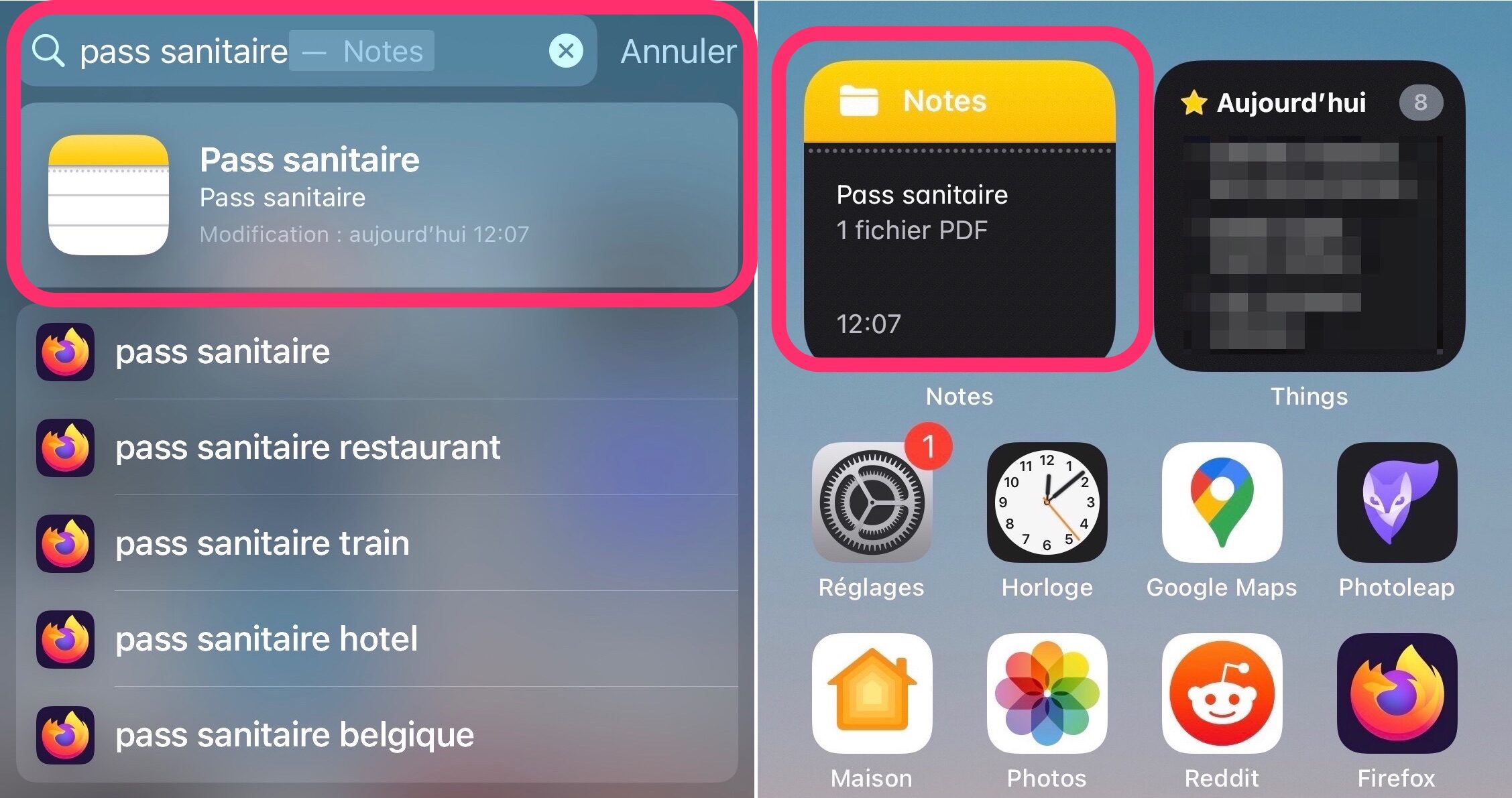 Pass sanitaire et widget Notes