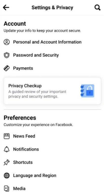 Facebook et menus réglages