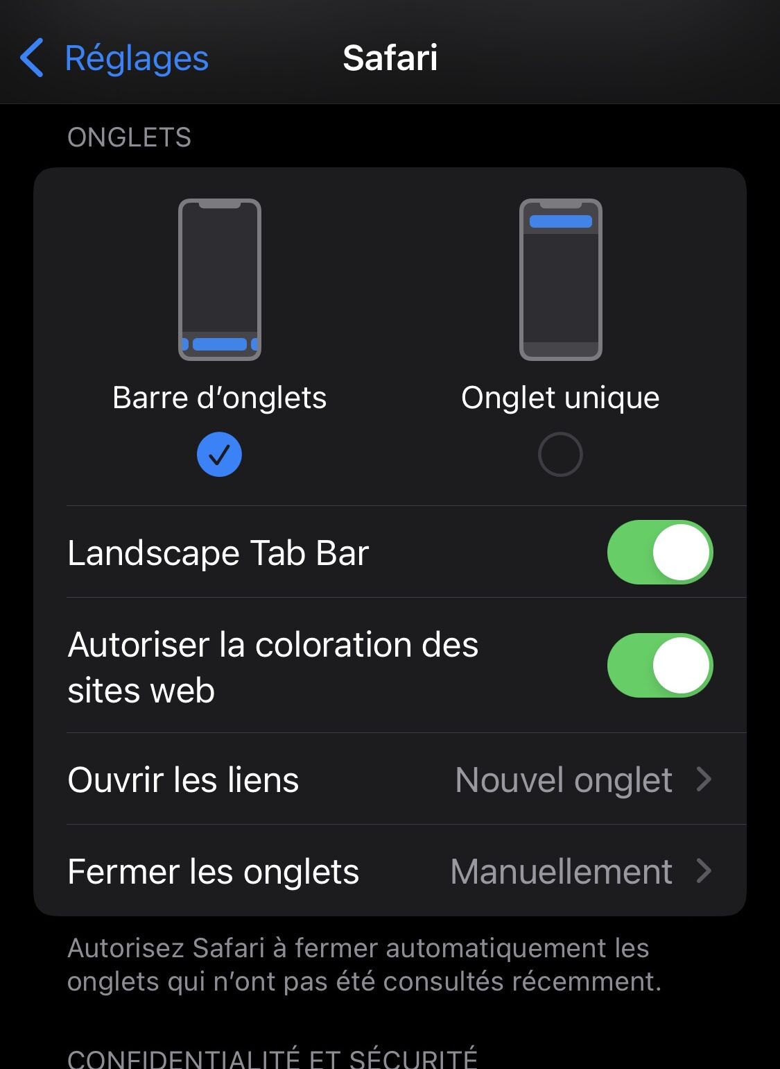 Safari iOS 15 bêta 6 réglages