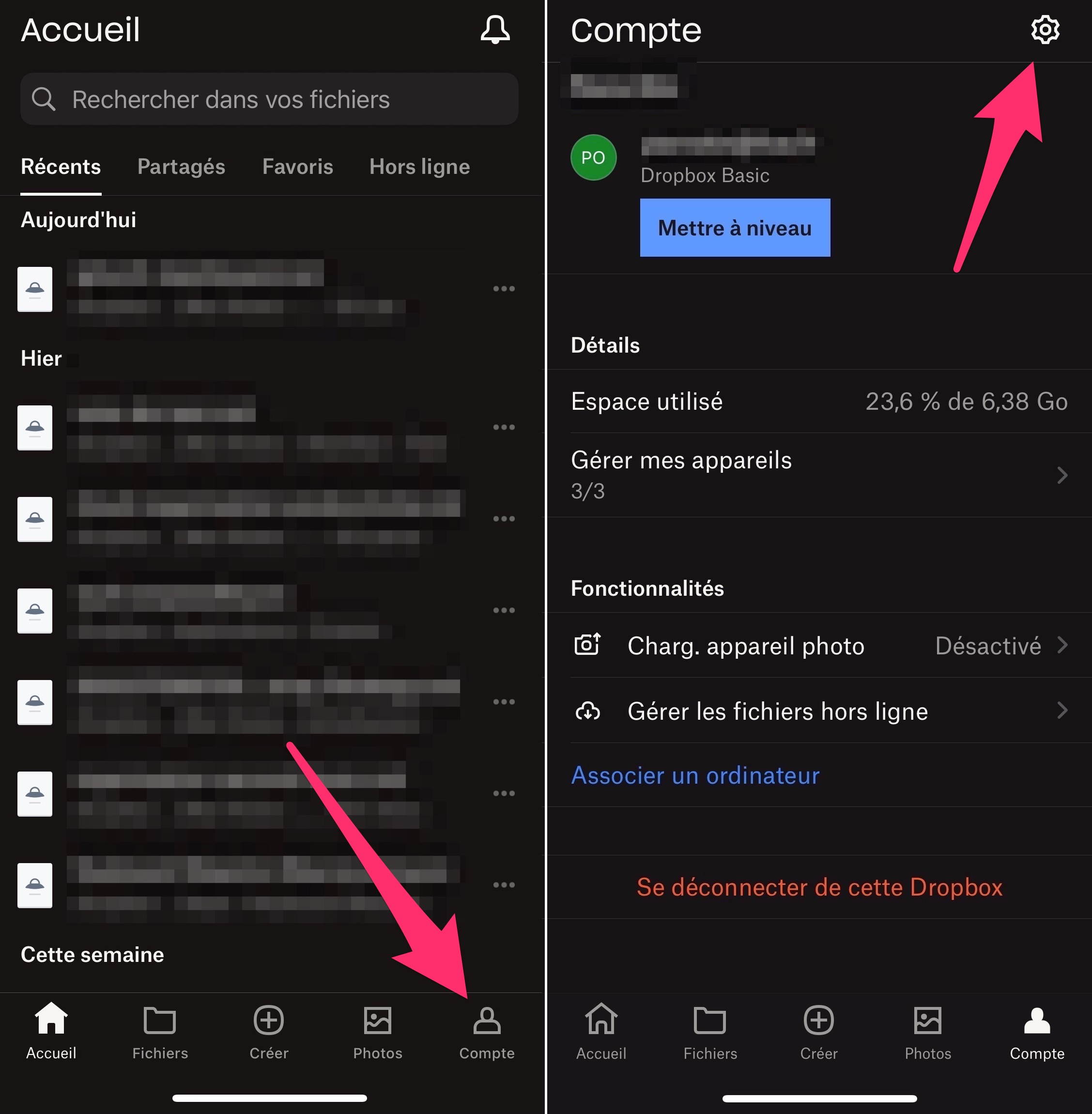 Dropbox app iOS screen for accessing settings