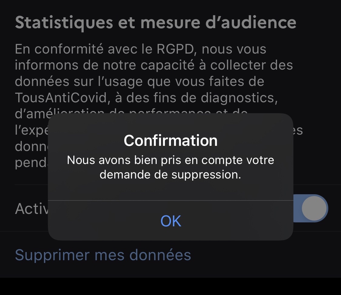 TousAntiCovid et réglage statistiques