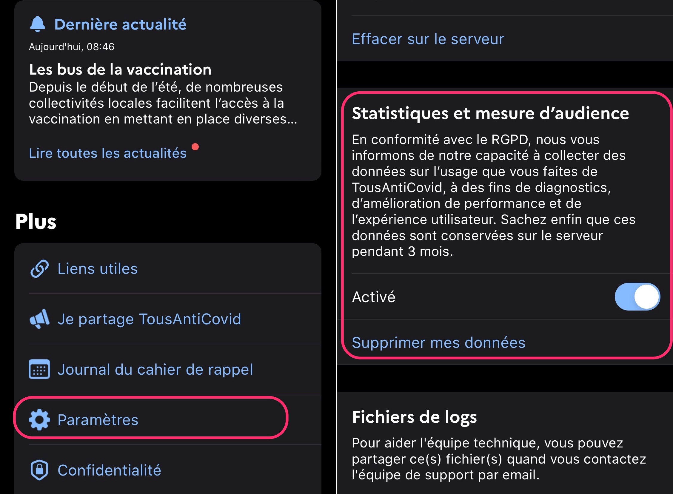 TousAntiCovid et réglage collecte statistiques