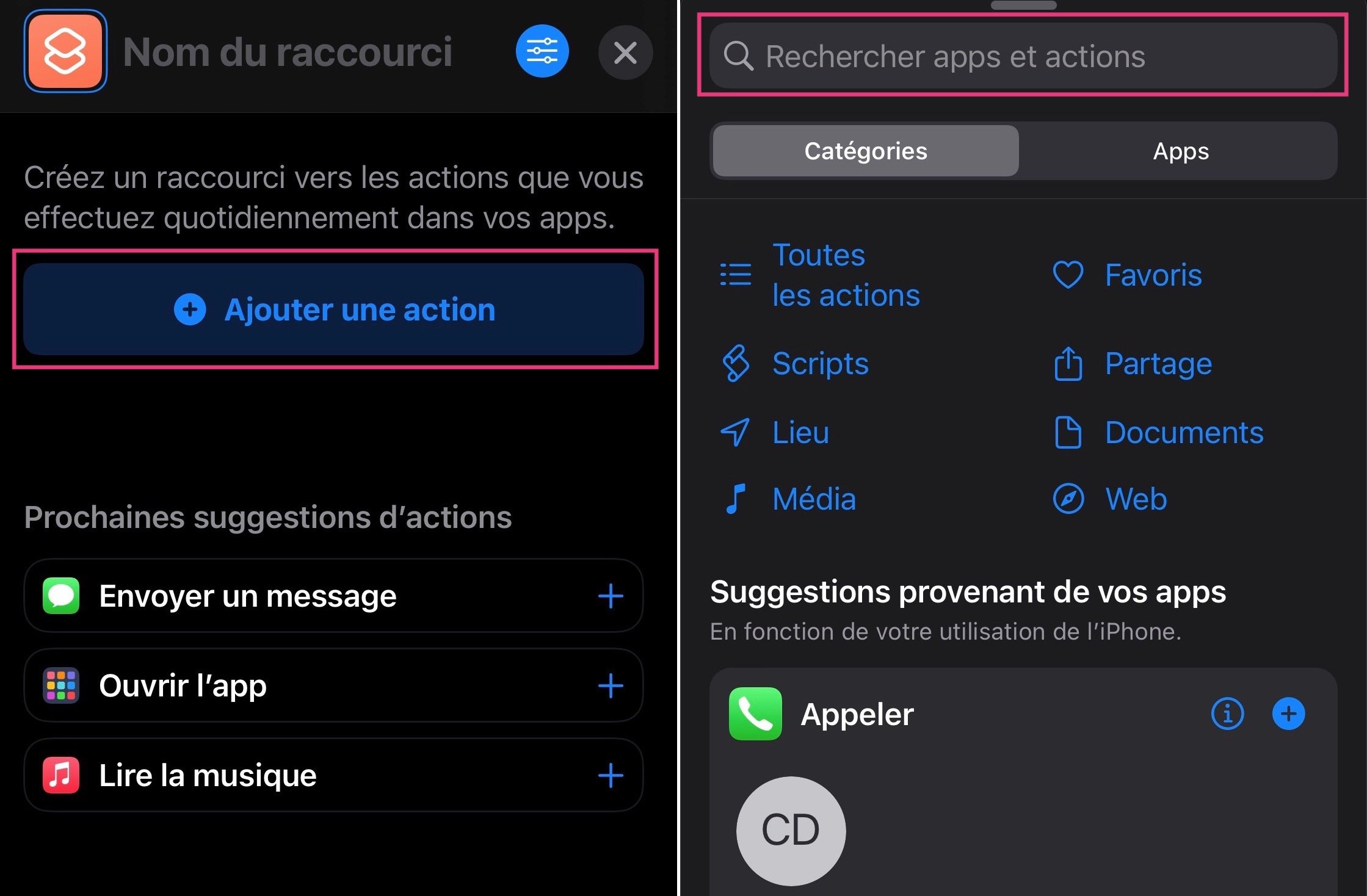 Écran de l'app iOS Raccourcis avec ajout d'une première étape 