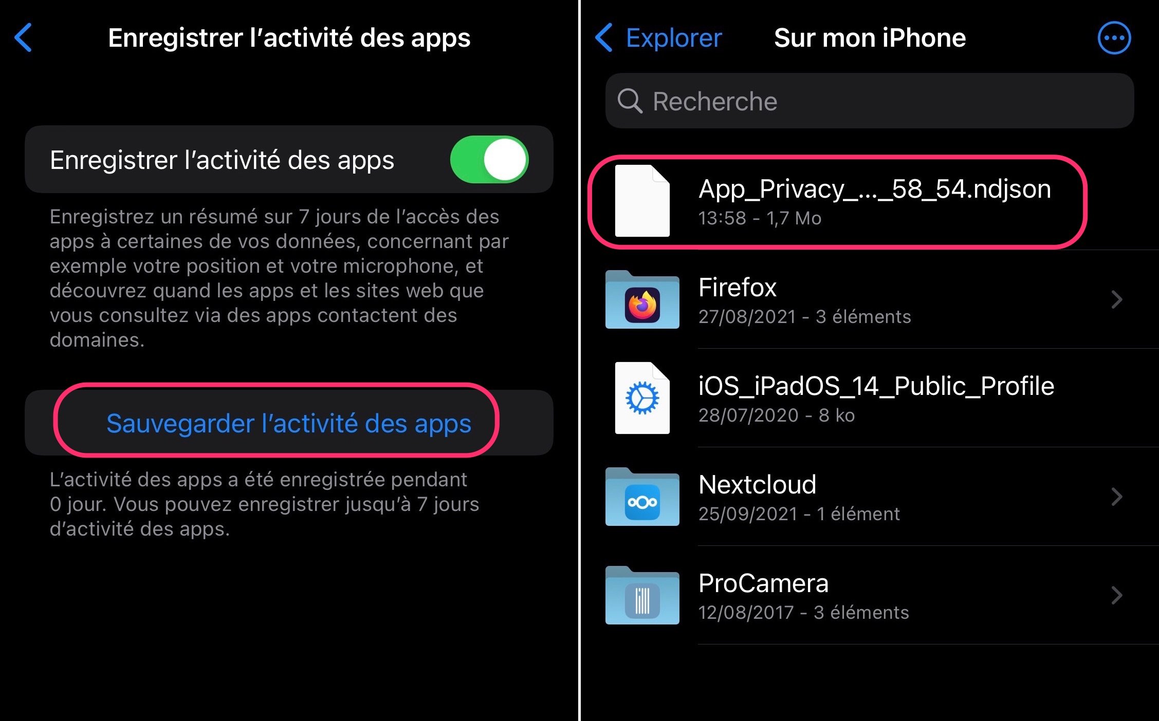 Activité des applications iOS 15