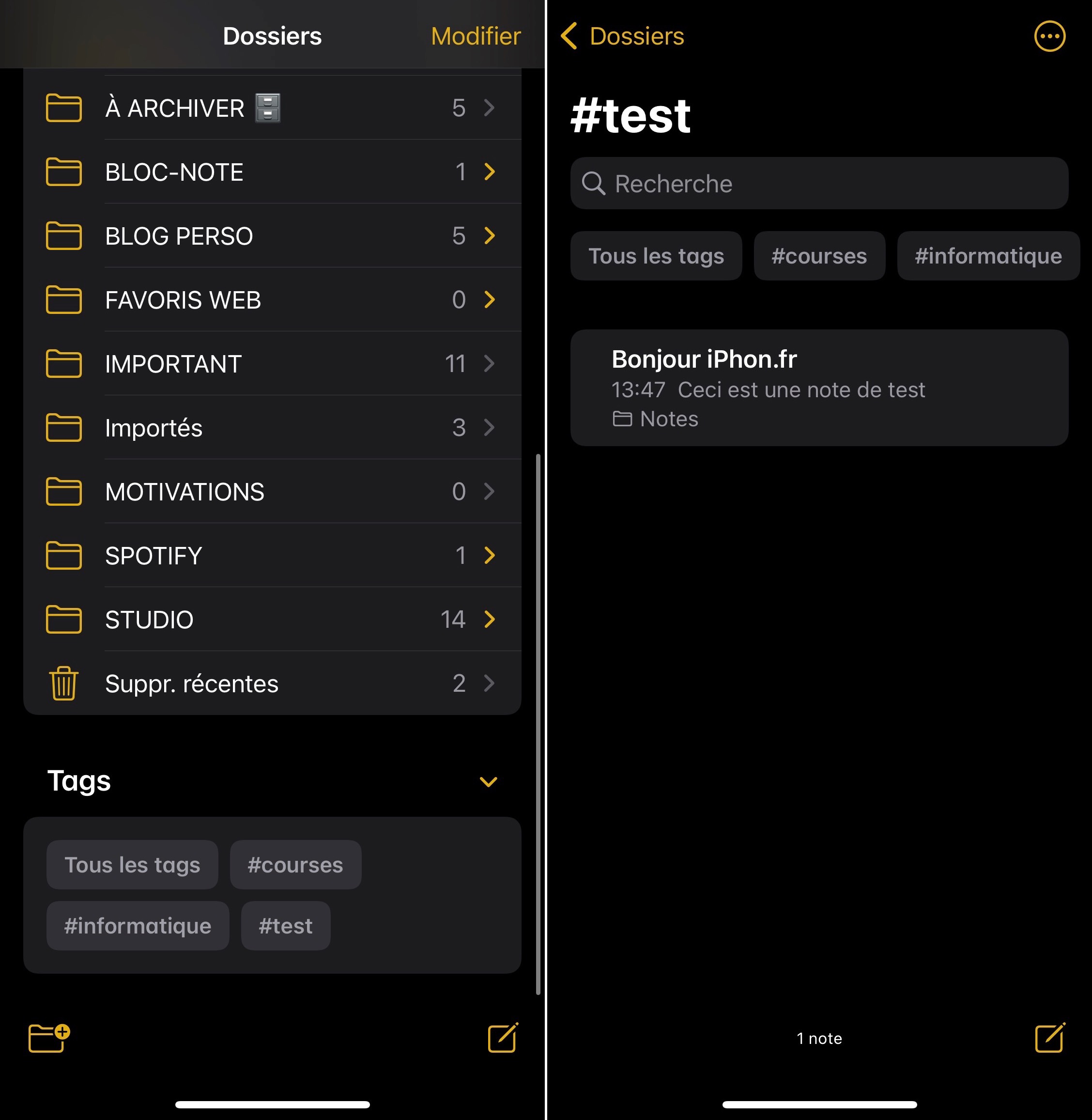 Liste des tags dans Apple Notes